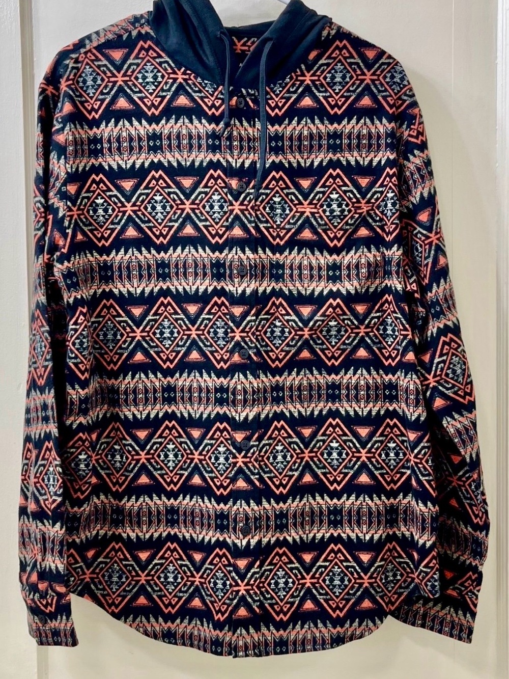 Men's Navy Hooded button up with Coral & Cream Aztec Print